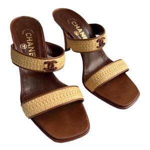 Chanel Brown and Tan Sandals with Woven Straps